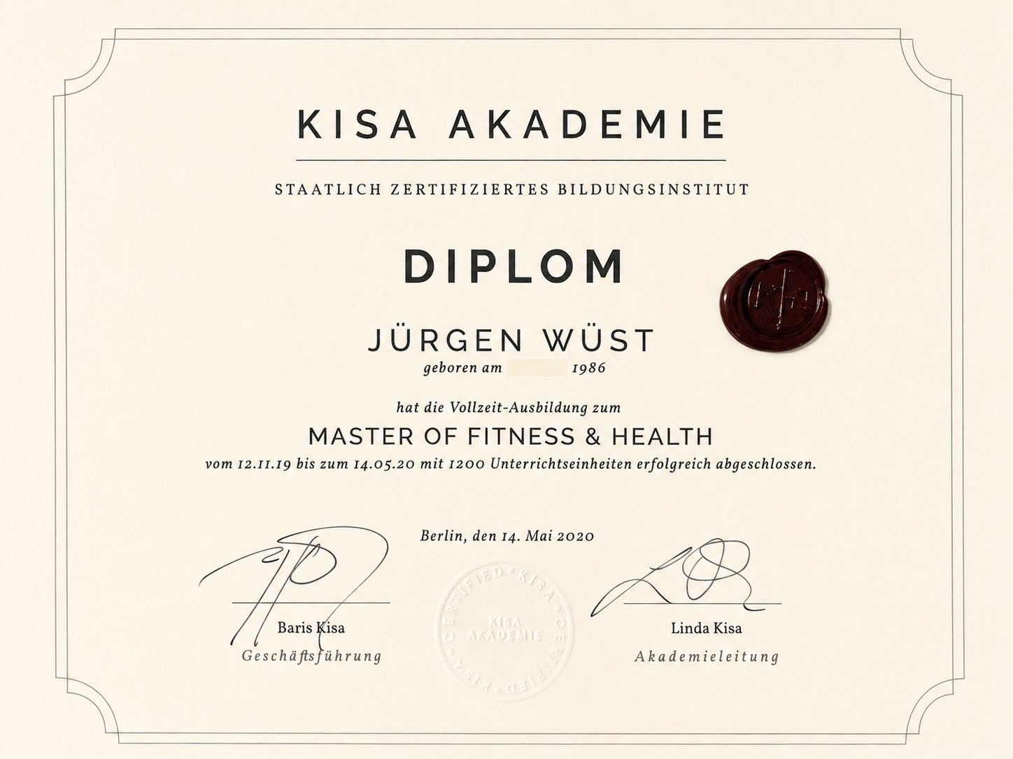 Diplom „Master of Fitness & Health“ der KISA Akademie für Jürgen Wüst